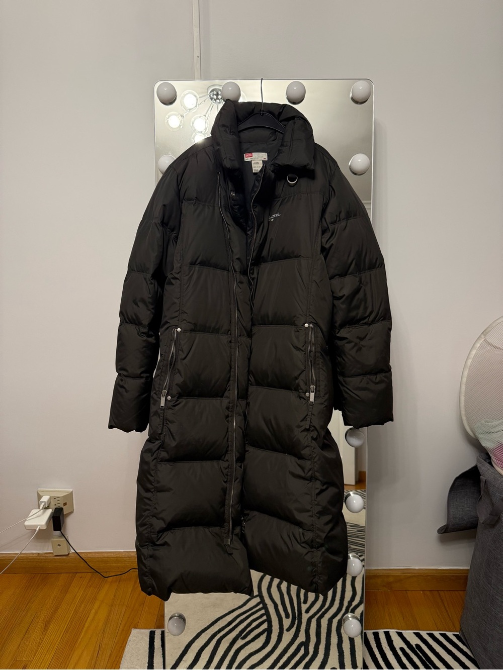 Diesel Black Long Quilted Puffer Coat with High Collar